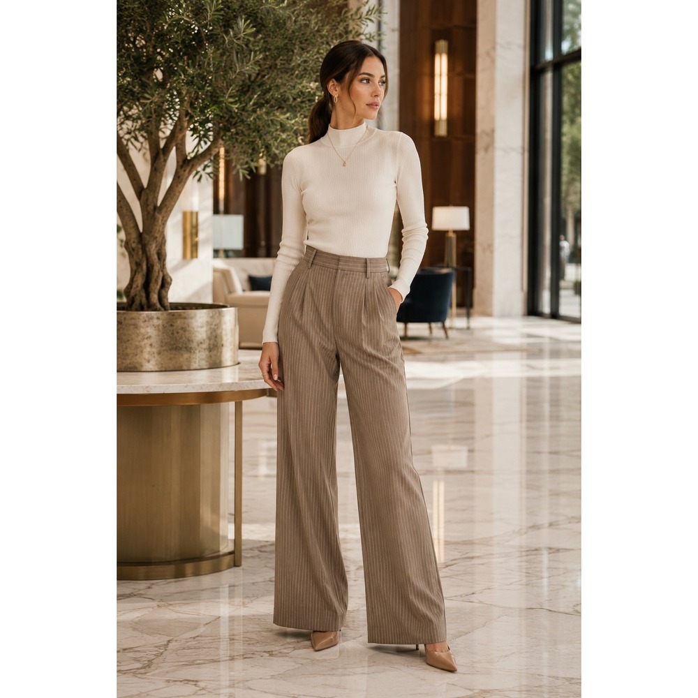WAYF Beige Pinstripe High Rise Pleated Wide Leg Trousers Small NWT